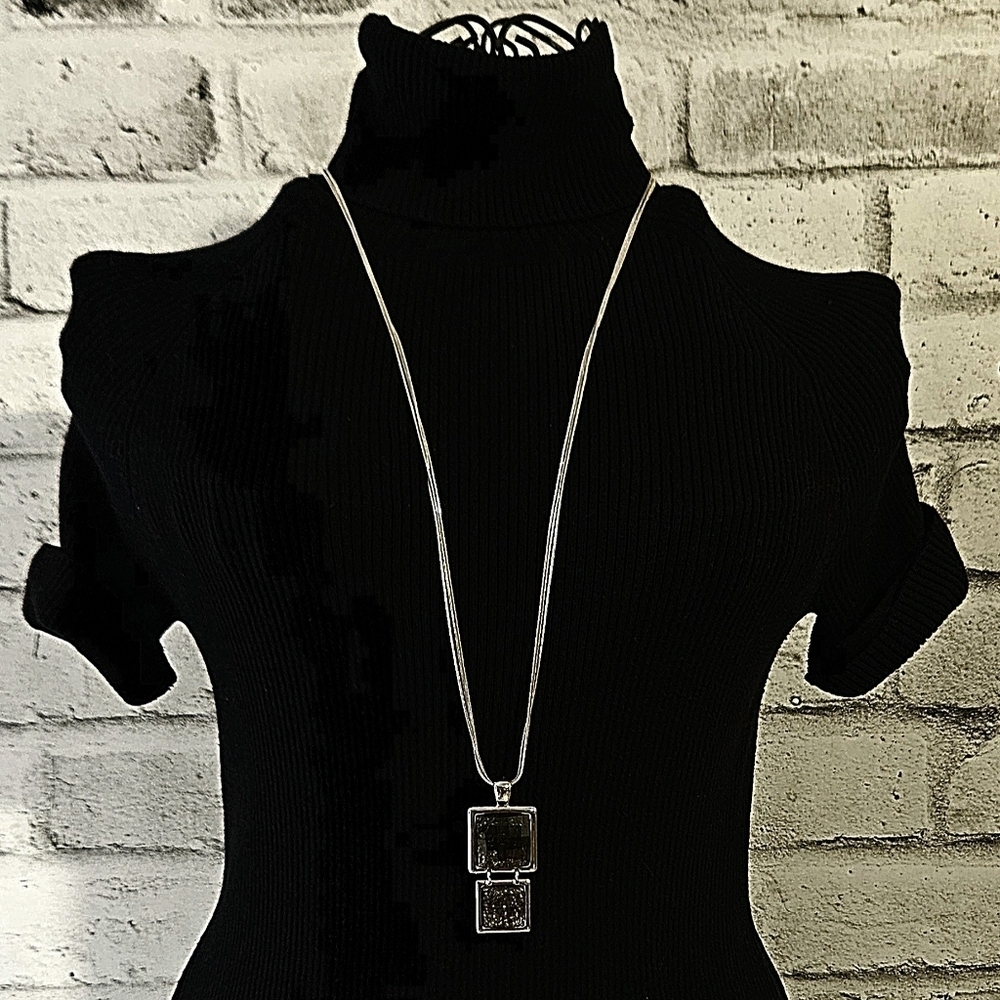 Lia Sophia Long Pendant Necklace – Dual Square Drop on Silver Multi-Strand Chain
